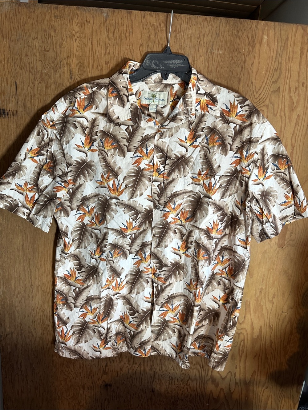 Tropical Leaf Print Short-Sleeve Button-Down Shirt - Cream, Brown & Orange